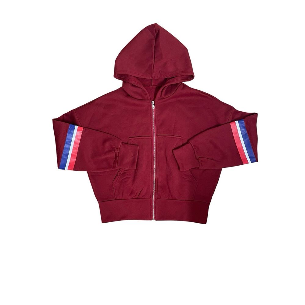Y2K Zip Up Hoodie Women L Burgundy Fleece Lined Striped Sleeve